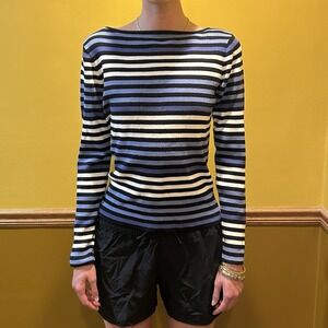 ANNE KLEIN A Line Women's Blue Black White Stripe Knit Detail Sweater Top Size M